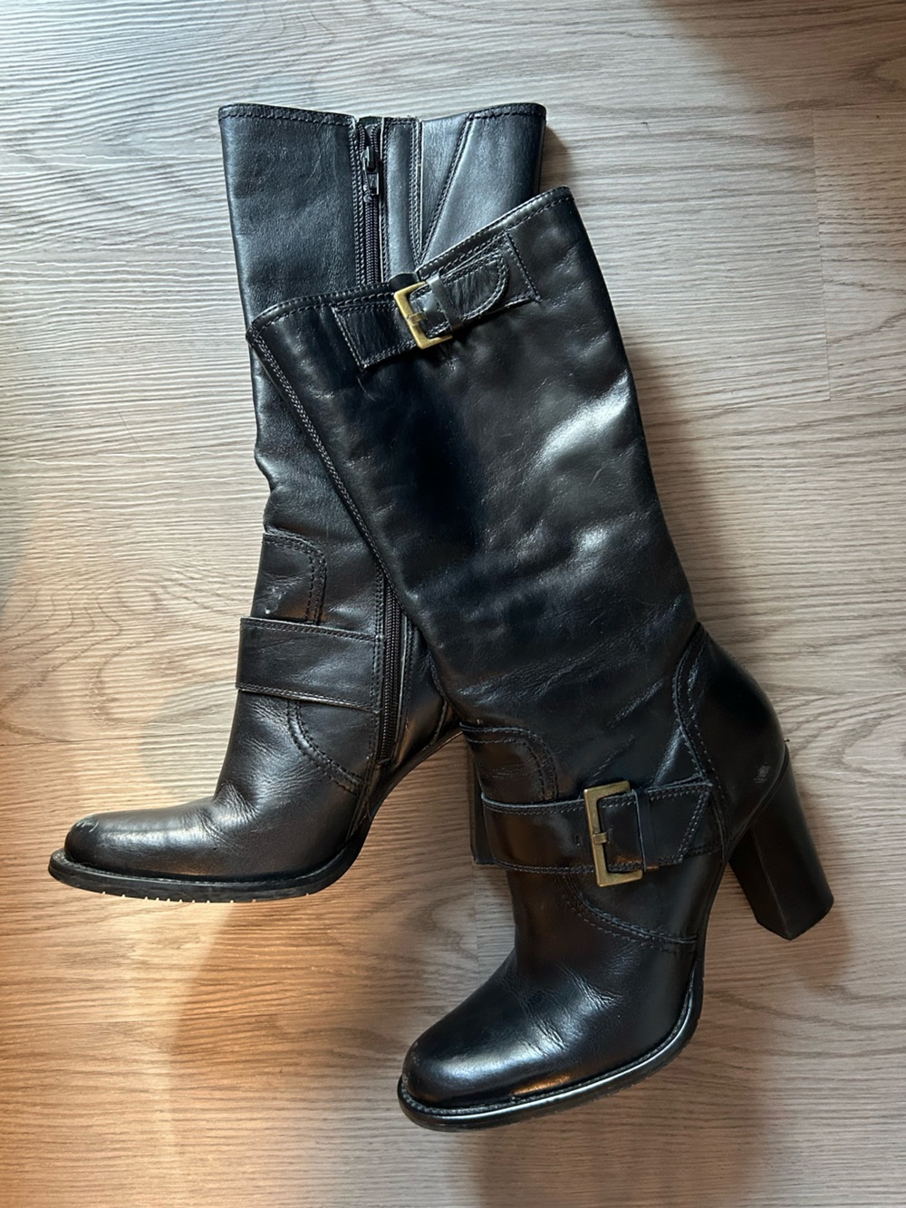 Black Women's Mid-Calf Leather Boots with Buckle Detail